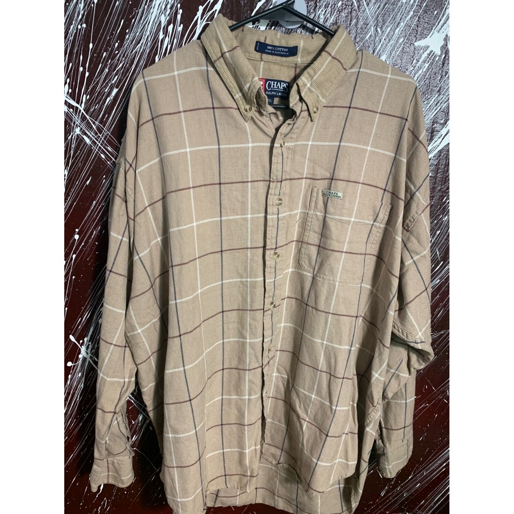 Chaps Ralph Lauren Mens XXL Tan Plaid Button Down Shirt Cotton Long Sleeve XL